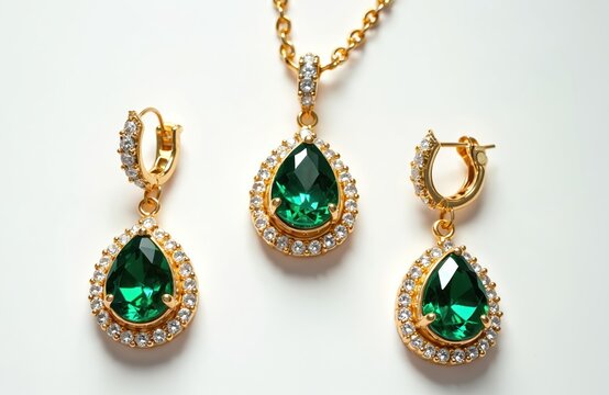 Golden jewelry set with green stones, white diamonds. Earrings, pendant necklace with emerald gemstones. Luxury gold accessories with pear shaped green gems, small white diamonds on white background.