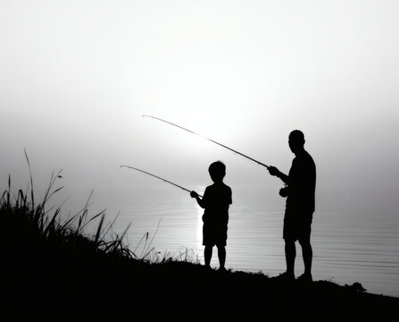 Silhouettes of a father and son fishing together at dawn by a serene lake with gentle waves reflecting the first light of day