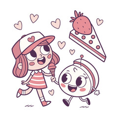 Cute Girl And Ice Cream Friend Holding Hands, Dancing Among Hearts And Dessert Slice