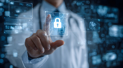 Data security in medical environment with doctor touching virtual pad lock icon protecting patient treatment data privacy and digital records