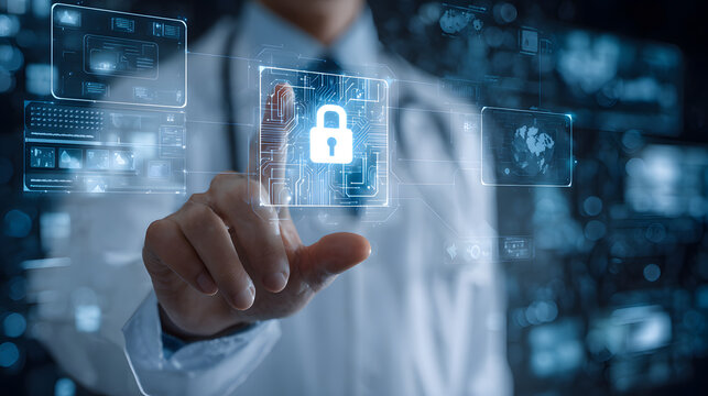 Data security in medical environment with doctor touching virtual pad lock icon protecting patient treatment data privacy and digital records