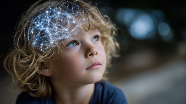 Side profile of child thinking deeply with a bright, translucent brain overlay, neural sparks creating artistic patterns around her head, emphasizing curiosity and mental developme