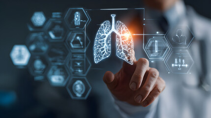 Digital lung scan hologram with medical doctor pointing at highlighted tissue, futuristic diagnostic interface and connected icons
