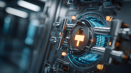 Secure futuristic vault with glowing lock and digital circuitry conveying data protection and advanced technology