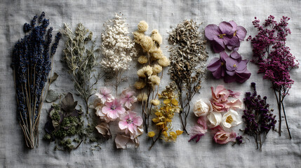 Dried lavender dried hydrangea dried baby breath dried billy buttons dried eucalyptus dried rose dried statice botanical arrangement floral flatlay
