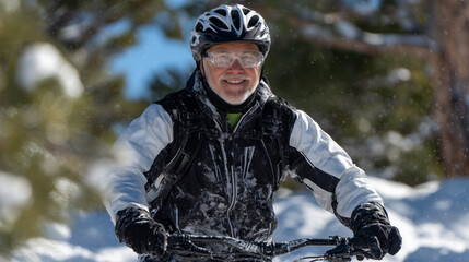 Man rides confidently across a snow-packed path, crisp morning light filtering through trees. His winter gear, helmet, and glasses emphasize both safety and style as he enjoys the