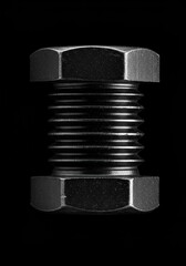Macro view of a heavy duty black metal machine bolt, highlighting threaded texture, engineering, and mechanical connections ,background ,technology ,precision
