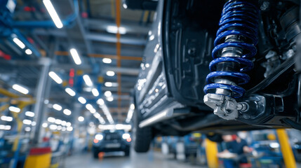 Detailed macro shot of a vehicleâs suspension assembly, with springs, stabilizer bars, and wheel hub illuminated by overhead workshop lights while a technician performs precision m