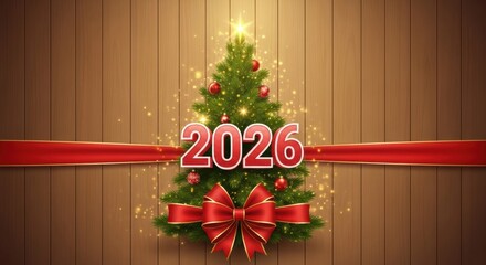 Christmas tree decorated with 2026 text and a red ribbon, set against a warm, rustic wooden background