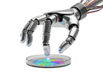 Robotic hand performing precise experiment in petri dish with colorful substance