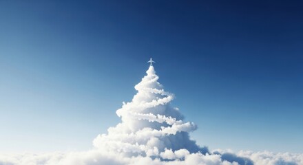 An airplane flying on top of a spectacular white cloud formation shaped like a swirling Christmas tree