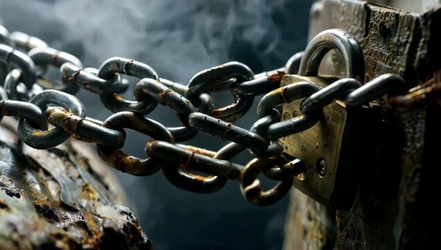 Rusty chain and padlock on weathered wooden post with smoke background
