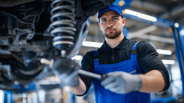 Modern garage maintenance shot focusing on the undercarriage: suspension springs, shock absorbers, and differential housing visible while a technician conducts alignment checks wit