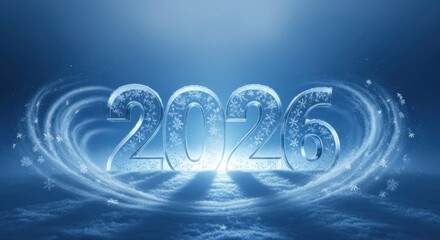 Icy 2026 numbers surrounded by a swirling snow vortex and illuminated by a cold blue light