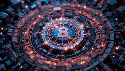 Abstract digital letter b logo, glowing in blue and orange, set within a circular, futuristic technological interface with intricate circuitry and pulsating lights