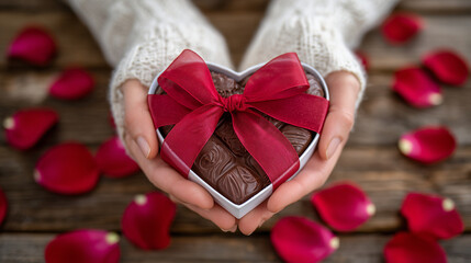Close-up of hands holding a heart-shaped box of chocolates, red satin ribbon and scattered rose petals on a wooden table