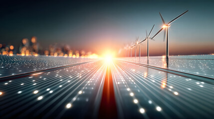 Solar panel array and wind turbine farm at sunset generating sustainable energy with glowing circuitry and city skyline in background