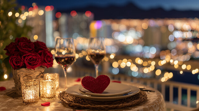 Romantic candlelit dinner for two on a balcony overlooking city lights, red roses and heart-shaped decorations, soft golden glow creating intimate atmosphere