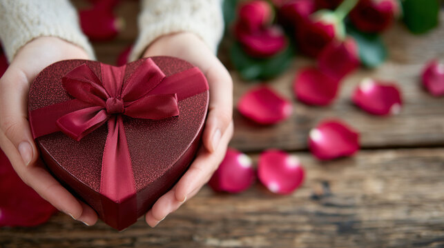 Close-up of hands holding a heart-shaped box of chocolates, red satin ribbon and scattered rose petals on a wooden table