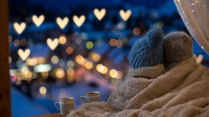 Couple sharing a cozy moment under a blanket, hot chocolate mugs in hand, window behind them with heart-shaped bokeh lights