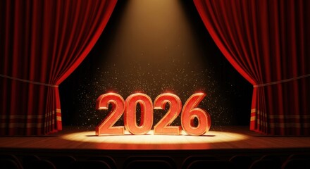 Shining 3D 2026 numbers on a theater stage, framed by red velvet curtains under a spotlight