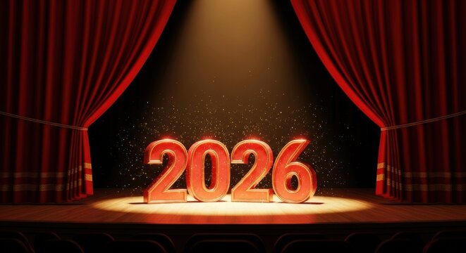 Shining 3D 2026 numbers on a theater stage, framed by red velvet curtains under a spotlight