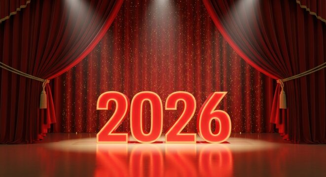 New Year 2026 3D numbers on a stage illuminated by spotlights against deep red velvet curtains