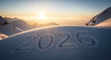 The year 2026 drawn in fresh snow on a mountain slope during a brilliant winter sunrise or sunset