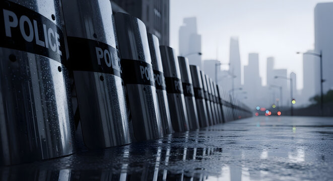 Police riot shields stand ready on a wet city street during a tense standoff