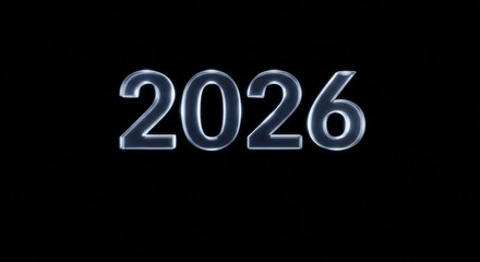 Clean, glowing, silver-rimmed 2026 numbers floating on a stark, minimalist black background