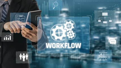 Workflow optimization concept featuring interconnected gears, task management, collaboration,...