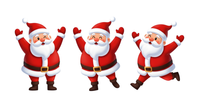 Three cheerful cartoon Santa Clauses with arms raised in celebration isolated on a transparent background