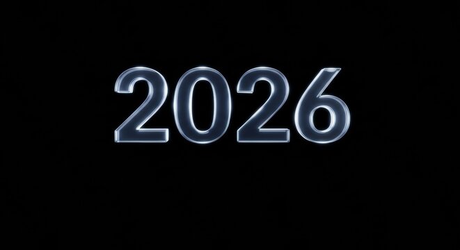 Clean, glowing, silver-rimmed 2026 numbers floating on a stark, minimalist black background