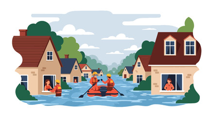Flat vector flooded neighborhood with rescue teams helping residents by boat. Ideal for flood awareness campaigns, emergency response guides, weather alerts, and safety materials