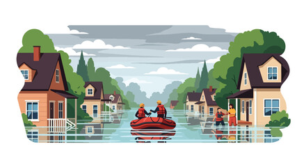 Flat vector flooded neighborhood with rescue teams helping residents by boat. Ideal for flood awareness campaigns, emergency response guides, weather alerts, and safety materials