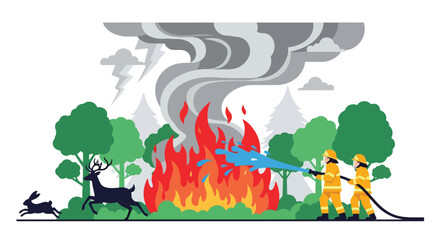 Flat vector forest wildfire with flames, smoke, and firefighters battling the blaze. Ideal for climate change visuals, safety training, wildfire awareness, and environmental education