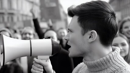 Man speaking into megaphone crowd protest demonstrations advocacy