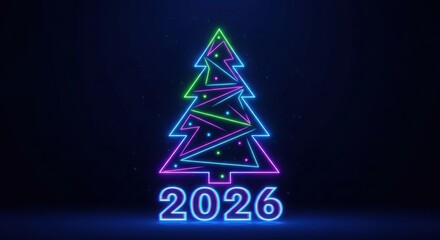 Futuristic Christmas tree outline and 2026 numbers glowing in vibrant neon colors on a dark background