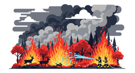 Flat vector forest wildfire with flames, smoke, and firefighters battling the blaze. Ideal for climate change visuals, safety training, wildfire awareness, and environmental education
