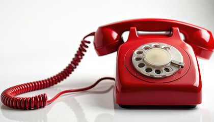 Red vintage rotary telephone sits on clean white surface. Classic communication device features coiled cord connecting handset. Old-fashioned design evokes nostalgia, simpler times for connection.