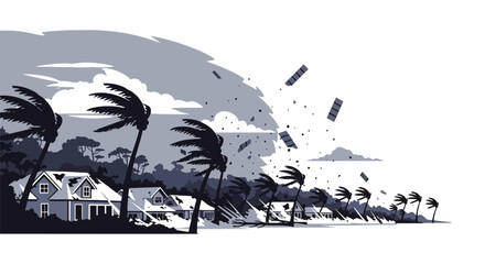 Flat vector hurricane striking coastal homes with strong winds and debris. Ideal for weather alerts, disaster prevention guides, preparedness training, and educational materials