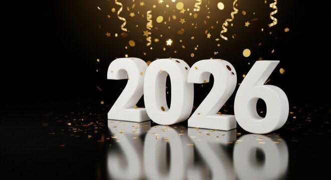 White 3D numbers 2026 with falling golden confetti and streamers on a reflective black background - Powered by Adobe