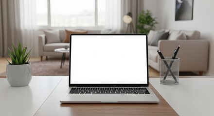 Laptop with blank screen on a desk in a bright modern living room providing space for remote work and online meetings in a comfortable and stylish home office setup
