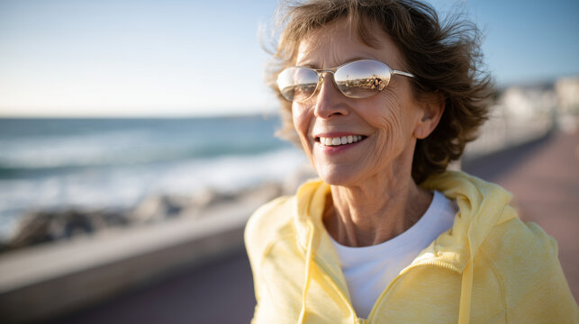 Elderly woman in yellow activewear jogging along a beachside promenade, warm sunlight creating golden glow, reflective sunglasses showing sand and water, happy and energetic mood
