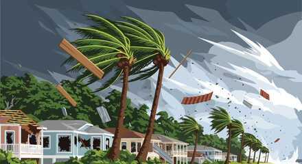 Flat vector hurricane striking coastal homes with strong winds and debris. Ideal for weather alerts, disaster prevention guides, preparedness training, and educational materials