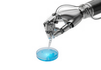 Robotic arm pipettes blue liquid into petri dish, science experiment