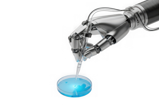 Robotic arm pipettes blue liquid into petri dish, science experiment