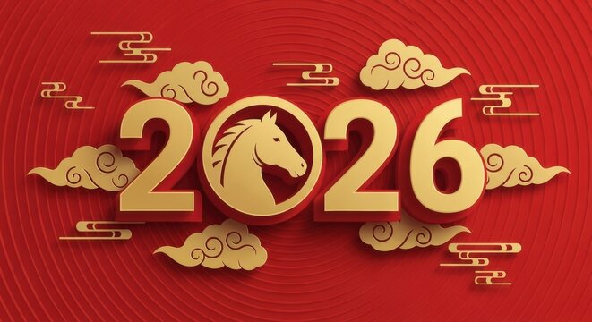 Stylized Chinese New Year 2026 design with golden horse zodiac and clouds on a textured red background