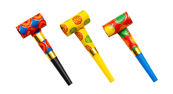 Three party blowers with colorful patterned paper and gold bands isolated on a transparent background