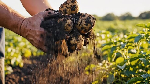 Harvesting Potatoes - A Farmers Hands Unearthing Fresh Produce from the Earth.